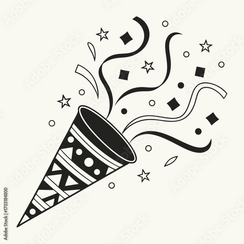 Celebration party popper with colorful confetti and streamers.