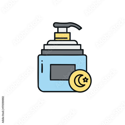A stylish vector illustration depicting a pump dispenser bottle adorned with a crescent moon and star symbol, clearly representing a specialized night skincare product or evening beauty routine.