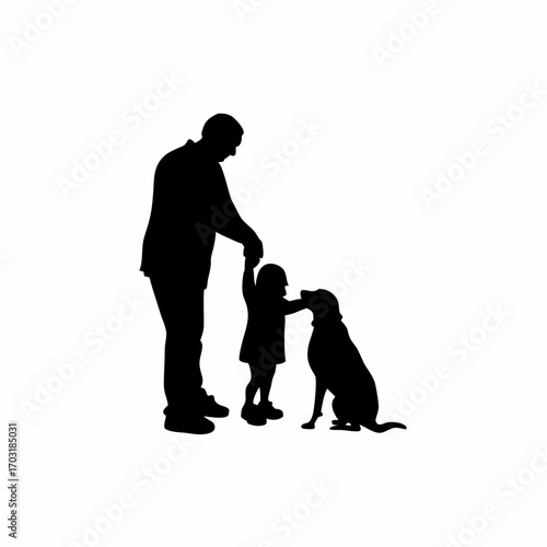 Parents stop child from throwing stone at stray dog silhouette