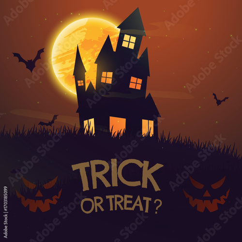 Halloween trick or treat with witch cauldron and jack o lanterns