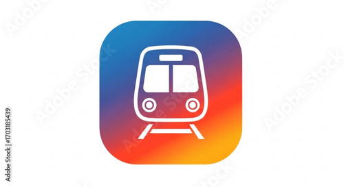 Dynamic modern train icon with vibrant gradient background, perfect for transportation apps, city transit, or journey planning services offering sleek visual appeal and clear identification.