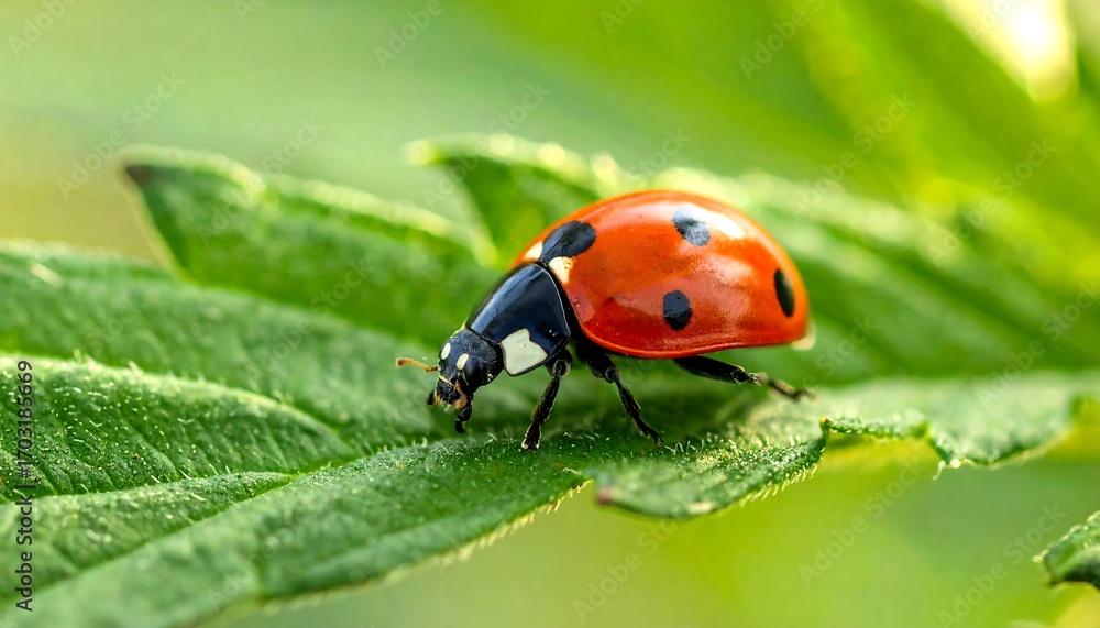Naklejka premium Ladybug on vibrant green leaf