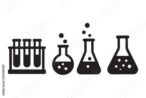 Black silhouette of laboratory glassware including test tubes and flasks with bubbling liquid isolated on white background