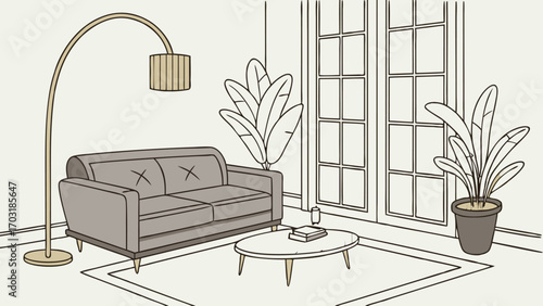 Cozy Living Room Interior with Sofa, Lamp, and Plants Illustration.