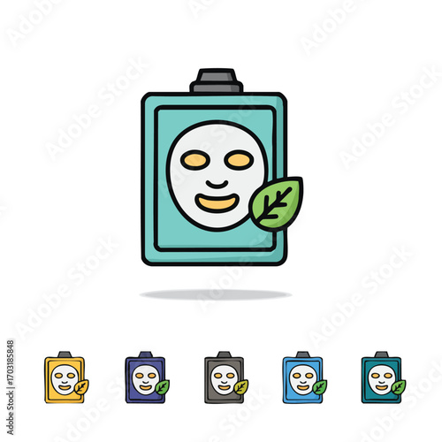 A charming doodle illustration depicts a refreshing sheet face mask package adorned with a green leaf, symbolizing natural skincare and beauty rituals for wellness.