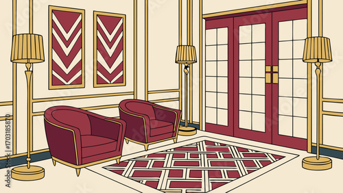 Elegant Waiting Area with Armchairs and Art Deco Design.