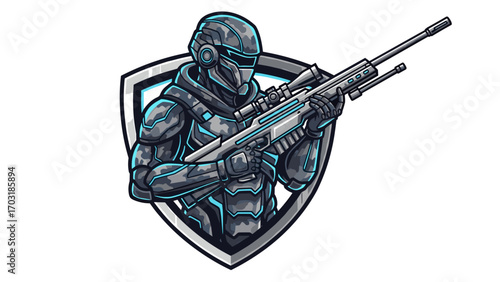 Sci-fi armored sniper warrior character within a shield emblem Mascot Logo Illustration