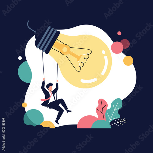 Entrepreneur climbing rope to reach large glowing light bulb representing a new idea and innovative business venture