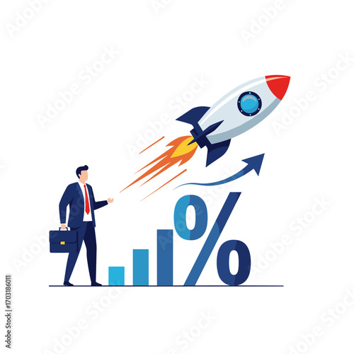 Business growth acceleration rocket launching above financial charts and percentages with a businessman observing