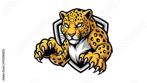 Aggressive Jaguar Mascot Logo Illustration Fierce Design with Powerful Claws and Shield