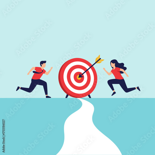 Illustration of two people racing towards a target with an arrow hitting the bullseye symbolizing success