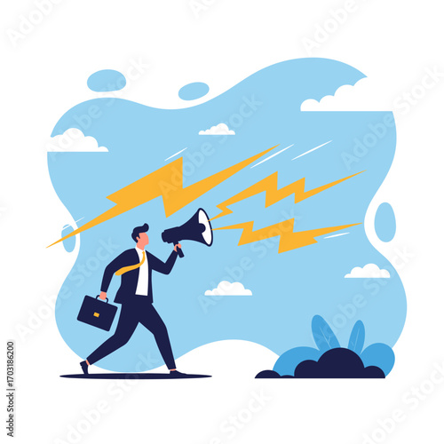 Announcing important news using a megaphone against a bright sky background with lightning strikes