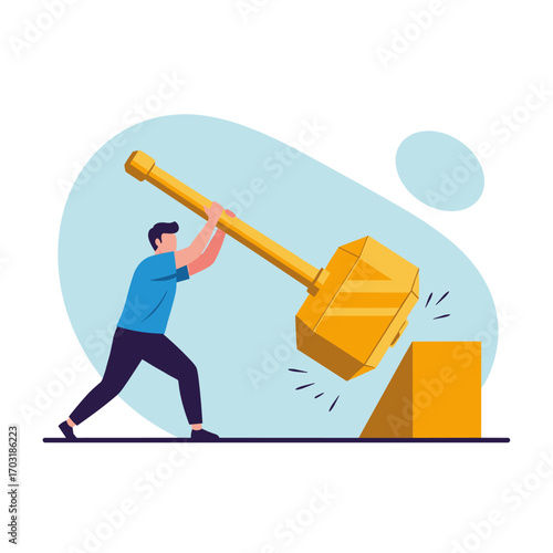 Person using a large golden hammer to break apart a structure or an obstacle with great force representing determination and breaking through challenges for success