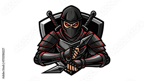 Mascot Logo Illustration Fierce Ninja Warrior in Stealthy Armor with Katana and Shuriken
