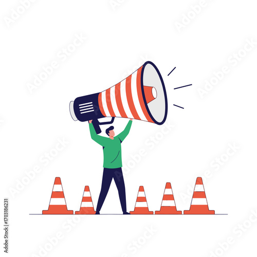 Announcing important information through a giant megaphone above traffic cones