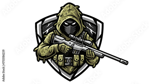 Sniper Hooded Figure Mascot Logo Illustration with Rifle Aiming for Target Practice