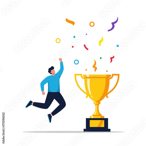 Celebrating success with a golden trophy and jubilant confetti shower for achievers