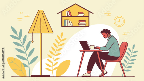 Man working on laptop at desk in home office setting.