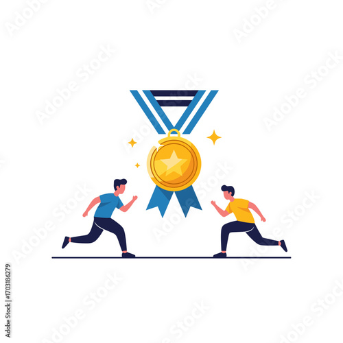 Two athletes race towards a golden medal symbolizing achievement and competition victory