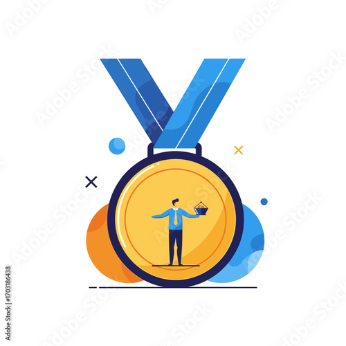 Illustrating the triumph of a champion holding a golden medal showing achievement and excellence in competition and recognition