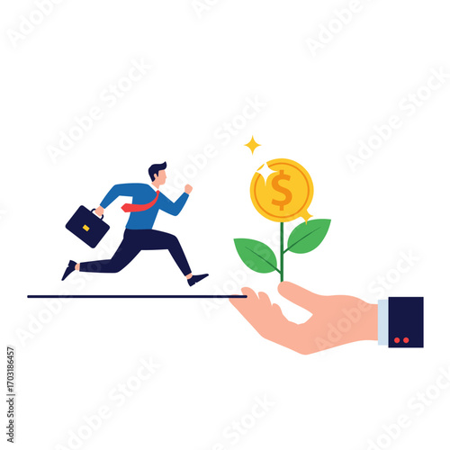 Financial growth opportunity business person running towards growing money tree supported by helping hand illustration
