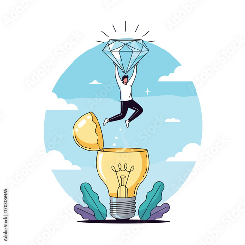 Discovering brilliant ideas emerging from a bright light bulb leading to a valuable gem