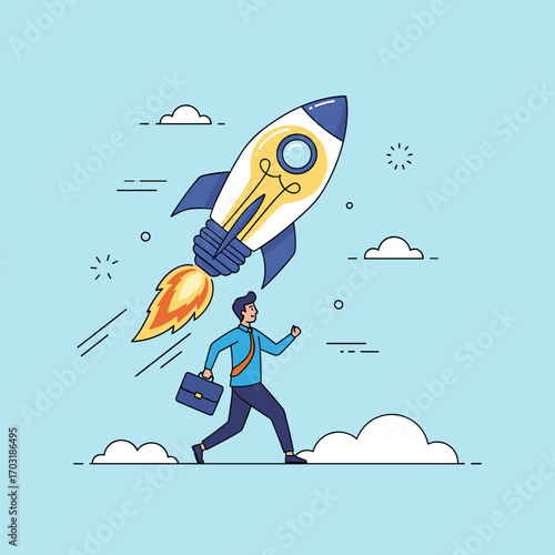 Innovative business idea launching with rocket and businessman running forward towards success and growth
