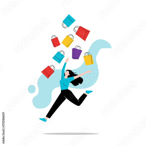 Woman happily running and jumping as shopping bags fall from the sky a vibrant illustration of consumerism and joyful shopping experiences