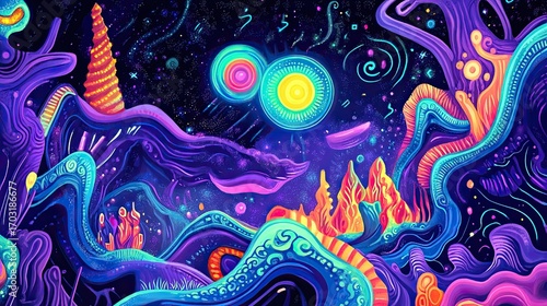 Generate an abstract digital art piece featuring neon waves and vibrant colors, with swirling patterns that resemble psychedelic designs