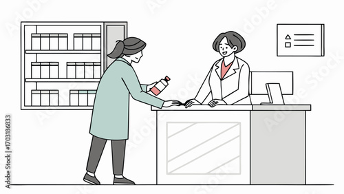 Customer at Pharmacy Counter Purchasing Medication from Pharmacist.