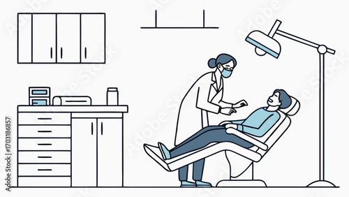 Dentist examining patient in dental chair.