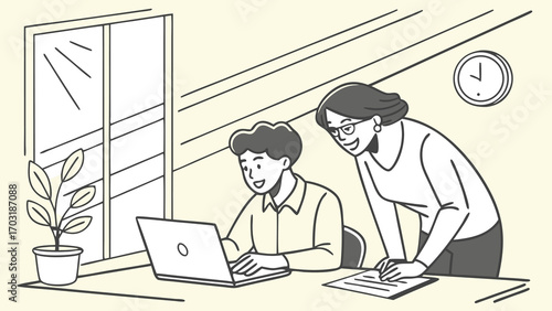 Mentor guiding student using laptop.