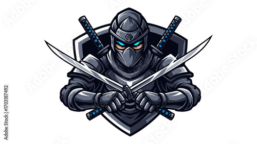 Ninja Mascot Logo Illustration Featuring Two Swords and Shield