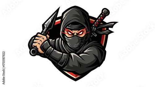 Aggressive Ninja Assassin with Kunai and Katana Shield Mascot Logo Illustration Vector Design