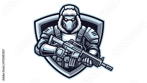 Special Forces Winter Soldier Character Mascot Logo Illustration with Gun and Shield Emblem