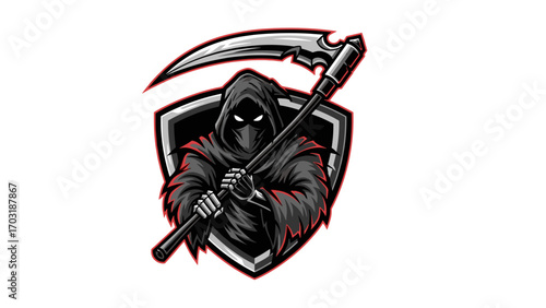 Grim Reaper Mascot Logo Illustration with Scythe - Spooky Halloween Art