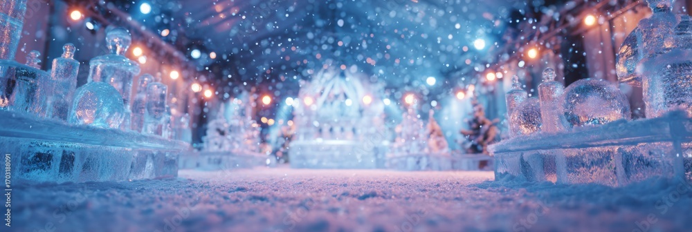 Fototapeta premium Beautiful winter wonderland scene featuring ice sculptures, snowflakes, and twinkling lights creating a magical atmosphere