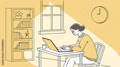 Woman working on laptop at home office.