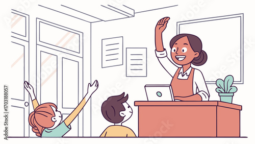 Teacher and students in a classroom raising hands.