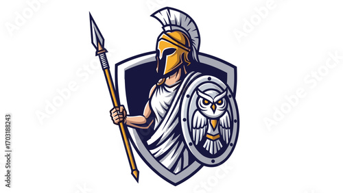 Athena Warrior Mascot Logo Illustration with Shield and Spear - Ancient Greek Inspired Protector Design