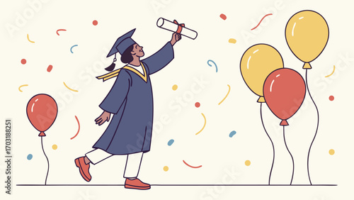 Graduation celebration with a graduate holding a diploma and balloons.