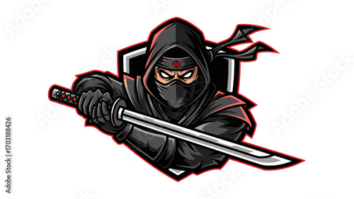 Ninja Assassin Mascot Logo Illustration A Stealthy Warrior with Katana in Shield for Gaming