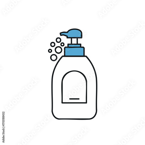 A minimalist line art illustration depicts a liquid soap dispenser with a blue pump, generating bubbles, against a clean white background.