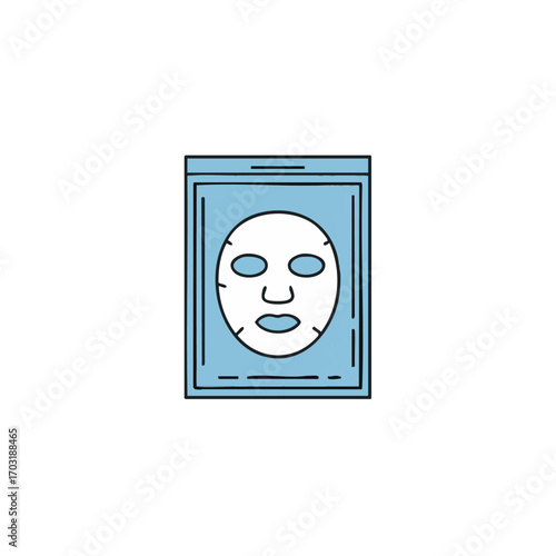 This clean, minimalist blue and white line art icon illustrates a single-use facial sheet mask in its sealed package, representing modern skincare and beauty routines.