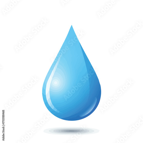 A perfectly rendered, glossy blue water droplet with a subtle shadow, symbolizing purity, freshness, and the essential nature of hydration.