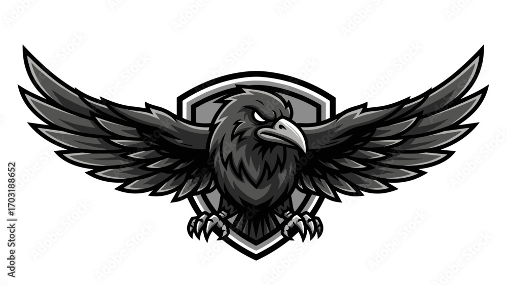 Obraz premium Grayscale Raven Bird Mascot Logo Illustration with Outstretched Wings and a Protective Shield