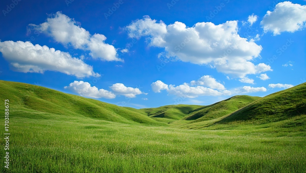 Obraz premium Green, grassy hills with a blue sky and white clouds, a desktop wallpaper 