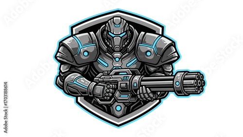 Futuristic armored soldier with a minigun for a gaming team Mascot Logo Illustration