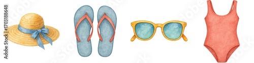 Watercolor fashion accessories including straw hat, flip flop sandals, sunglasses, and swimsuit perfect for Cyber Monday festival look