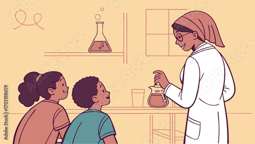 Diverse children learning science from a female teacher in a lab.